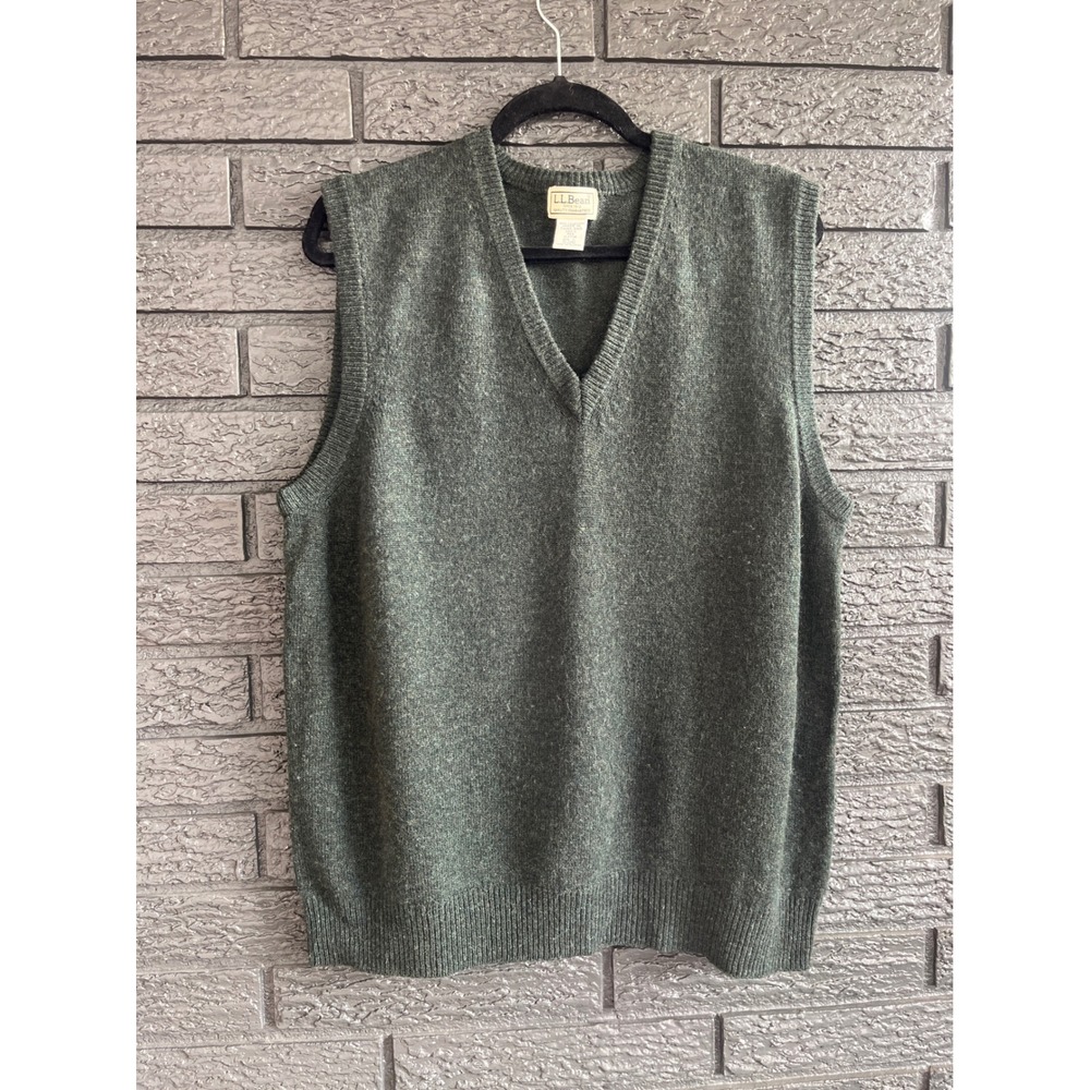 Vintage LL Bean Mens V Neck Sweater Vest Green Lambswool Size L